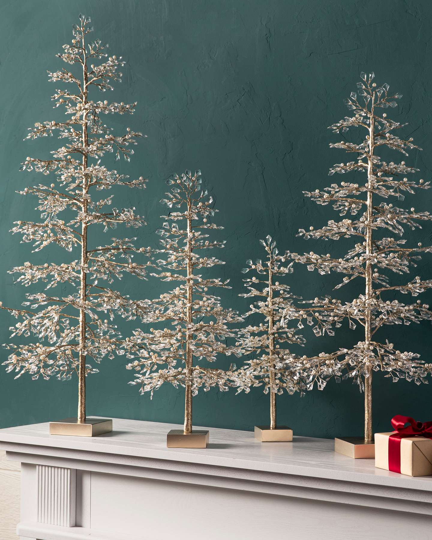 Balsam Hill Crystal and Pearl Champagne Artificial Christmas Tree Lifestyle Display with Different Sizes