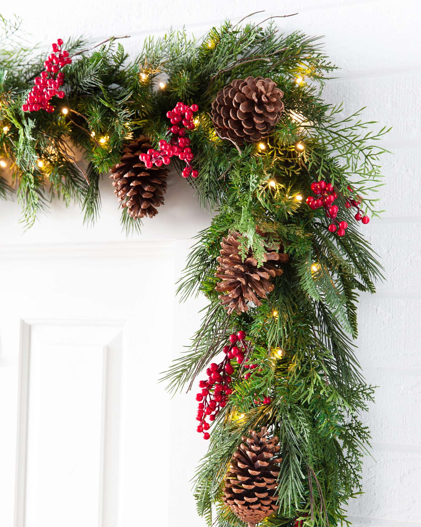 Balsam Hill Outdoor Red Berry Pine 10ft Artificial Christmas Garland with LED Clear Lights