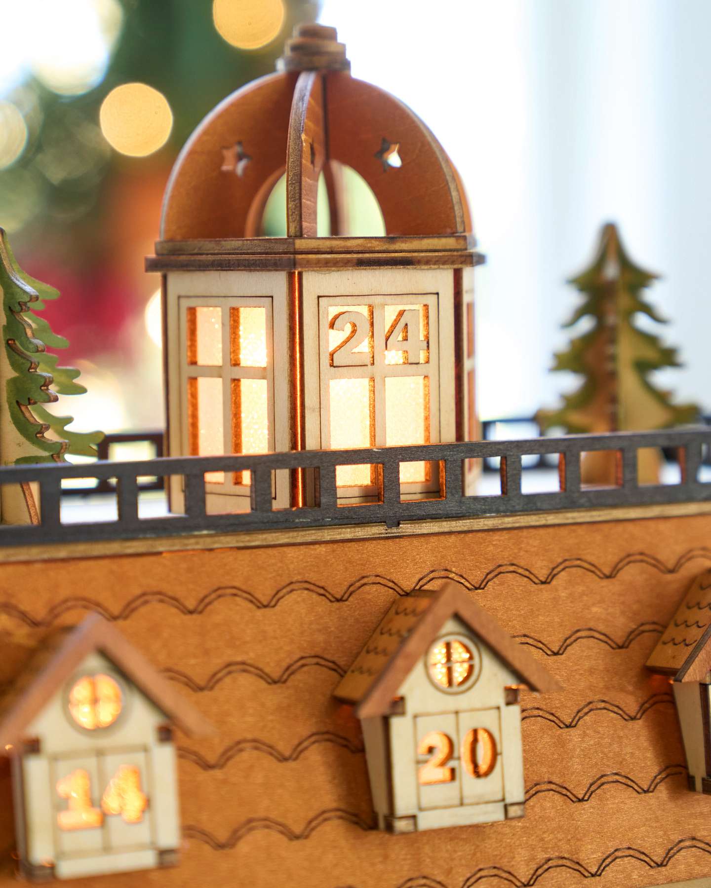 Balsam Hill Lit Wooden Olde Manor Advent Calendar Close-Up with Windows