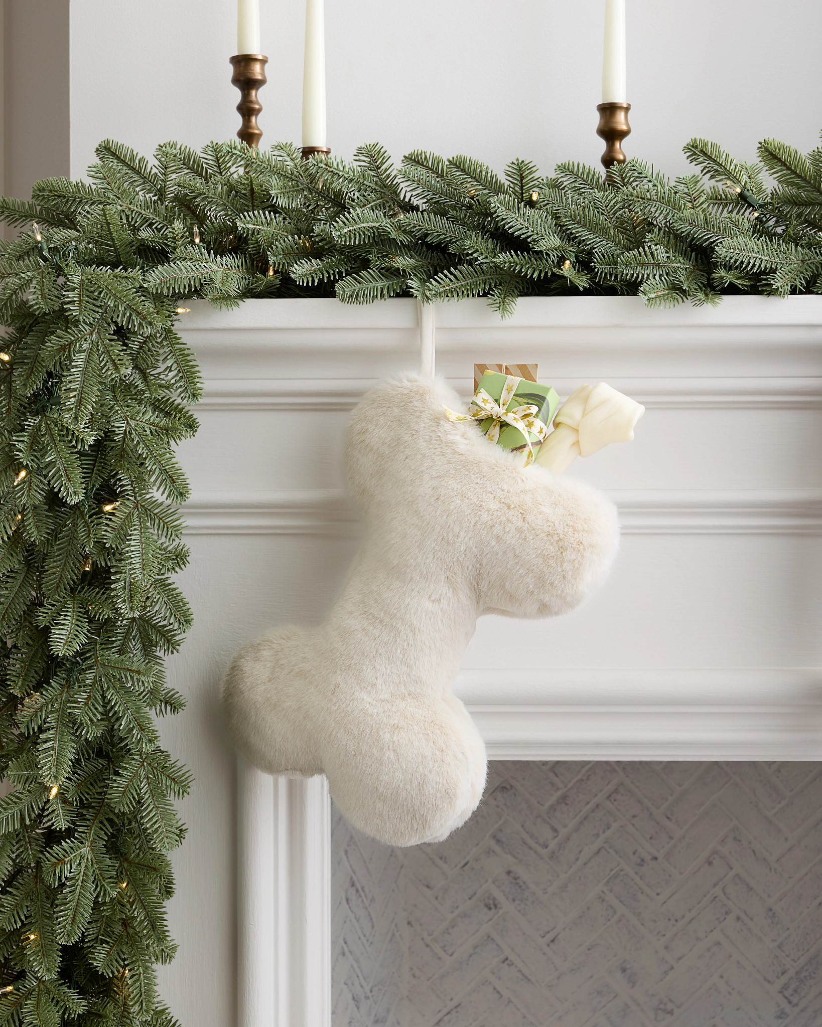 Ivory Faux Fur Dog Bone Christmas Stocking