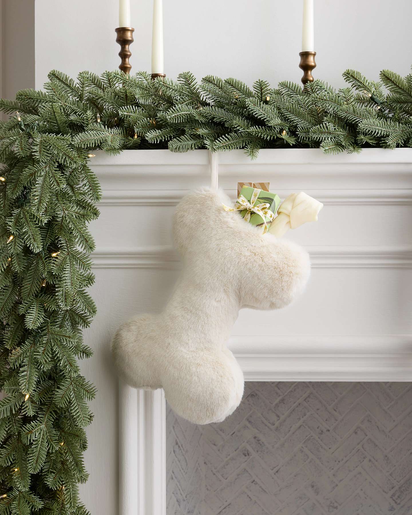 Ivory Faux Fur Dog Bone Christmas Stocking