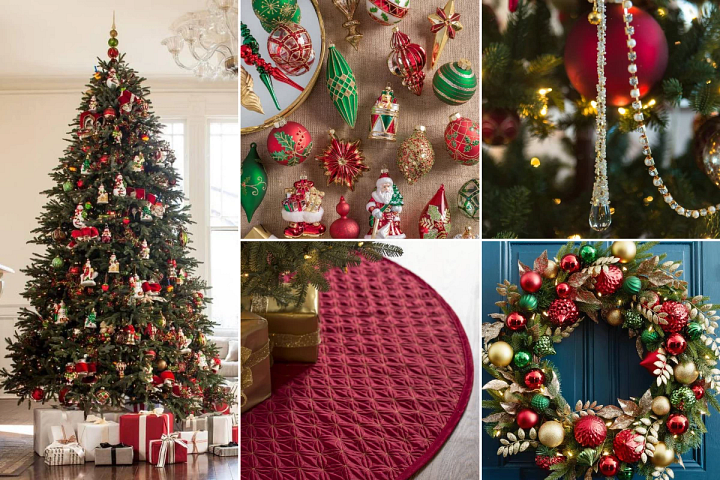 Christmas decorating ideas using assorted red, green, and gold ornaments and accents