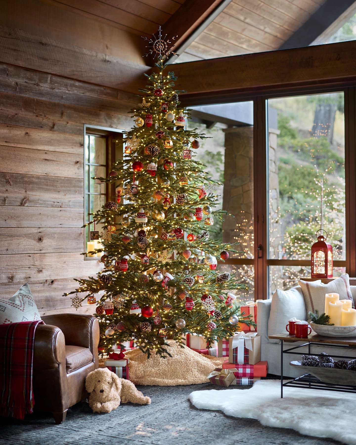 Balsam Hill Faux Sherpa Doodle Dog Lifestyle Living Room Diplay with Artificial Christmas Tree