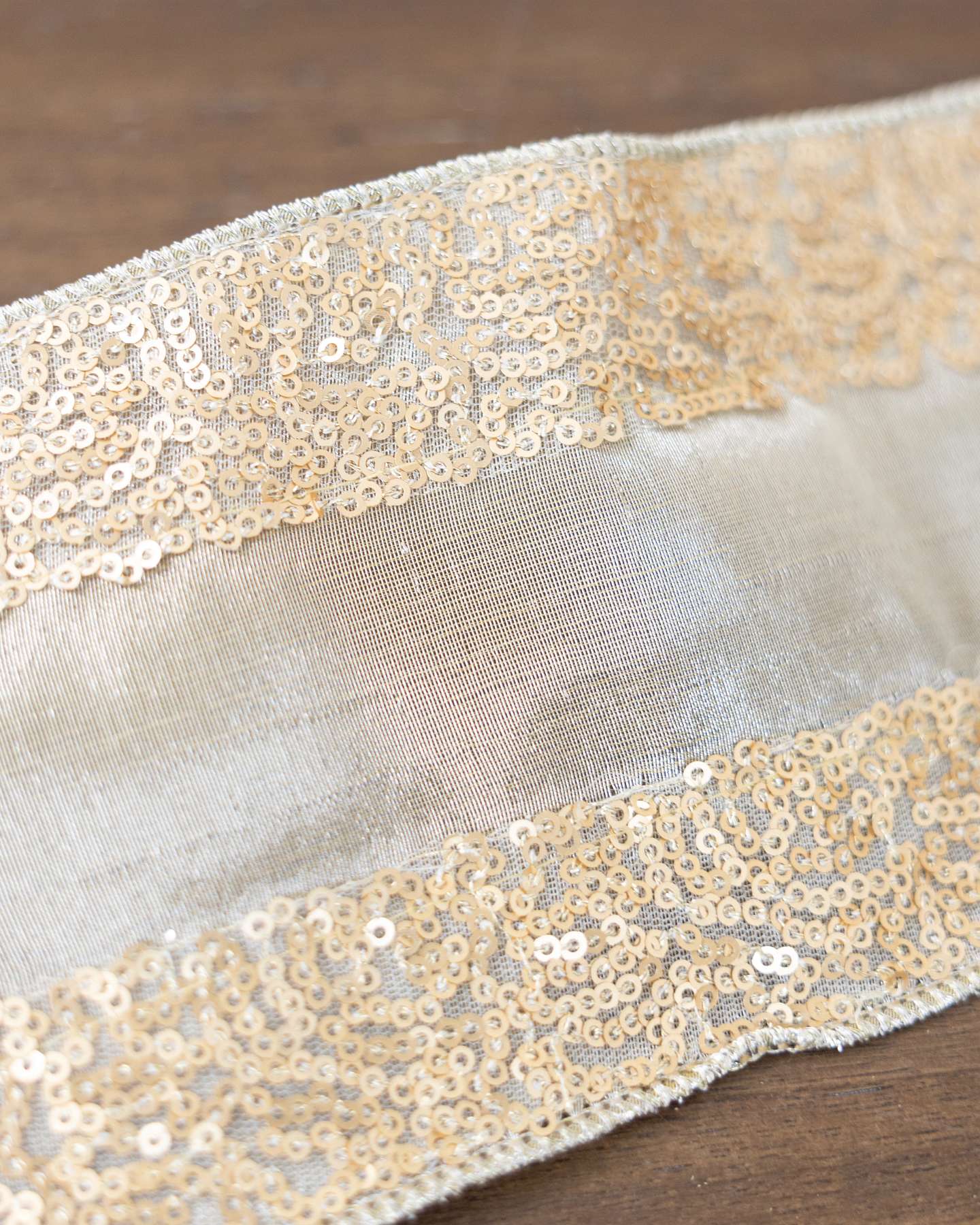 Balsam Hill 10-Yard x 5-Inch Champagne Sequined Artificial Christmas Tree Ribbon Closeup View