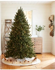 Christmas tree in a foyer decorated in a farmhouse style