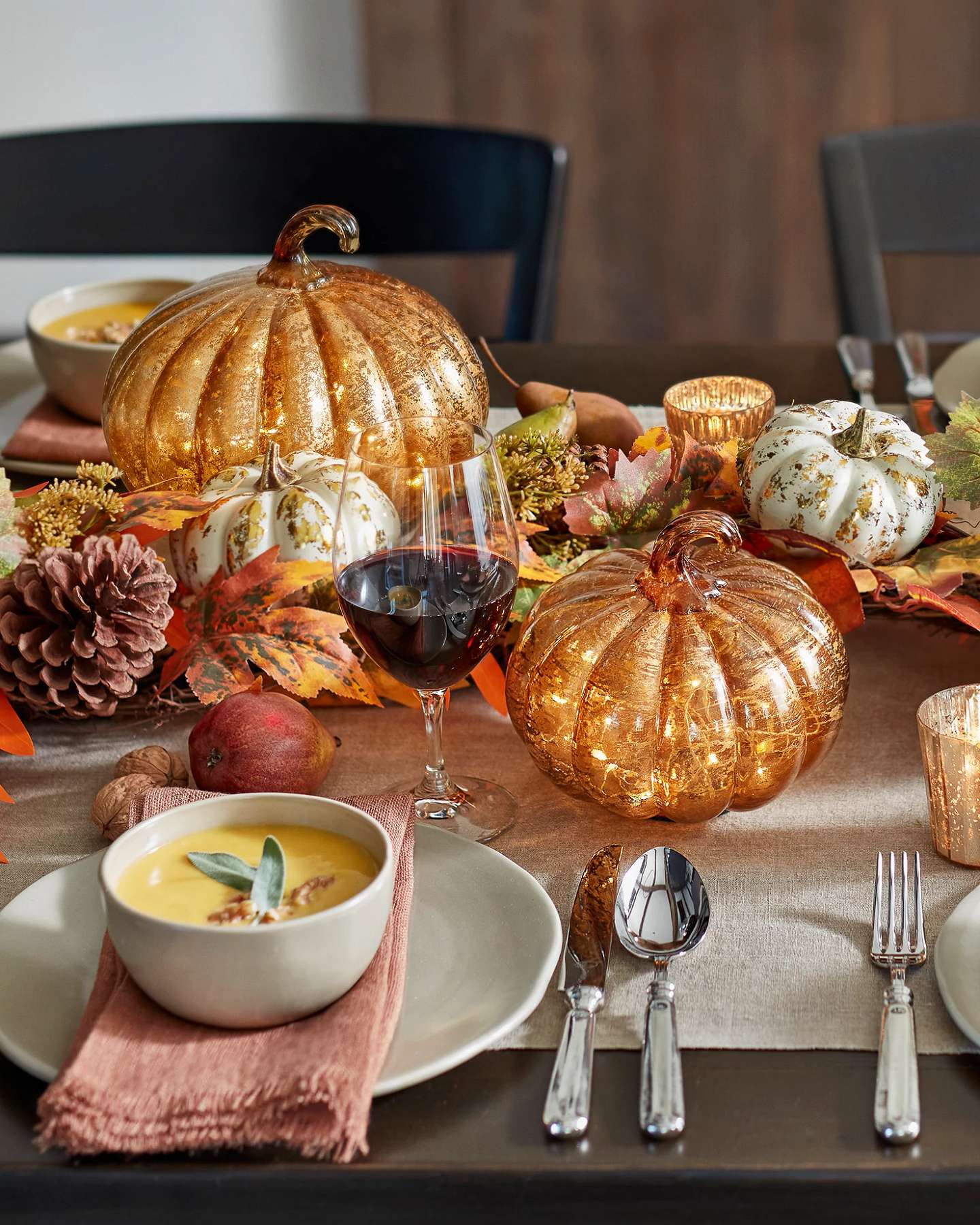 Balsam Hill Glowing Glass Pumpkins Lifestyle Display on Dining Table