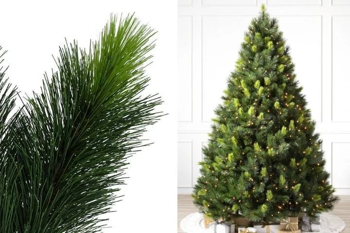 A collage featuring a close-up shot and a full shot of Balsam Hill's Scotch Pine Realistic Artificial Christmas Tree