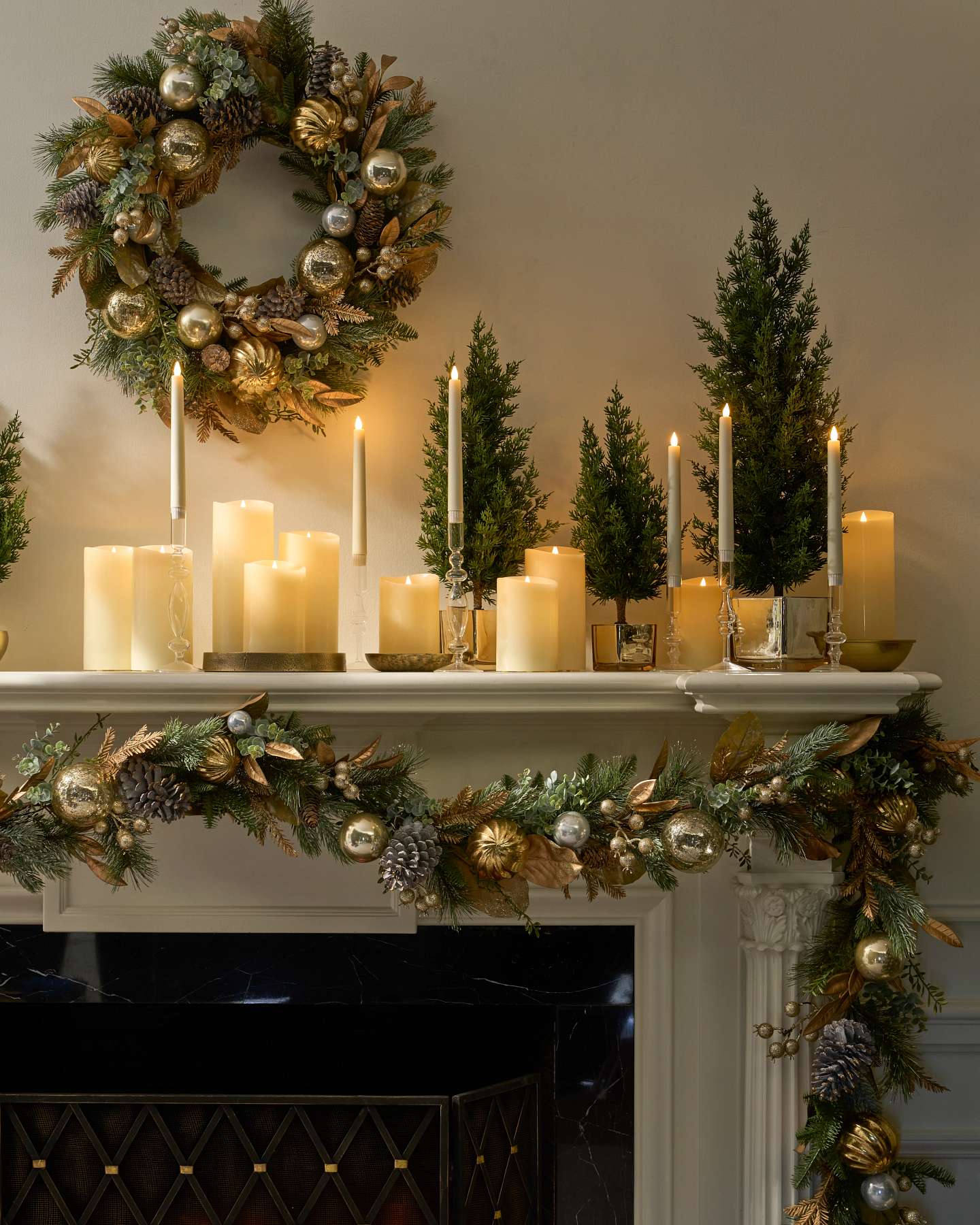 Balsam Hill Miracle Flame Premium 3D LED Wax Pillar Candles Styled with Holiday Decor