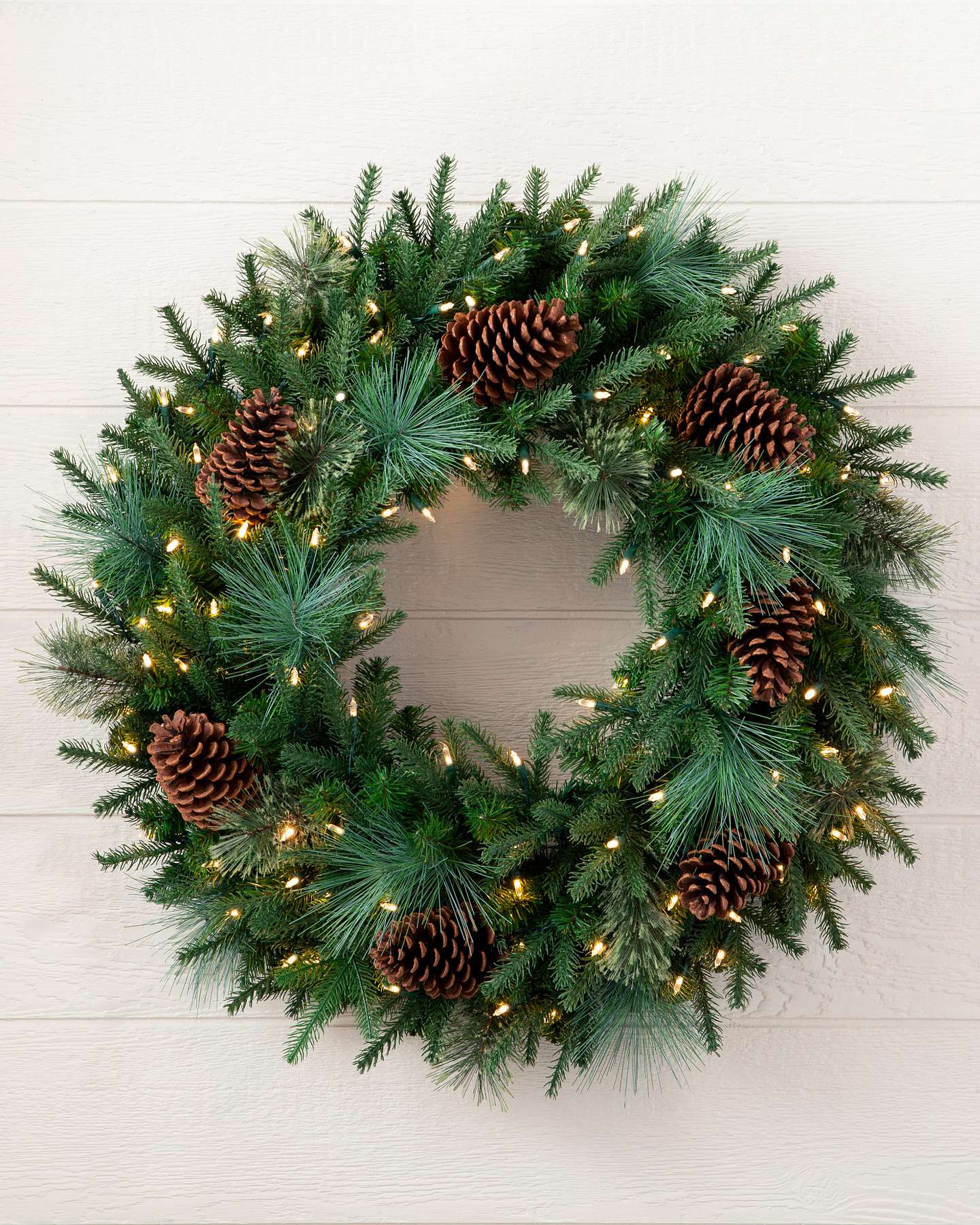 Balsam Hill Mixed Evergreen with Pinecones 34in Artificial Christmas Wreath LED Clear Lights