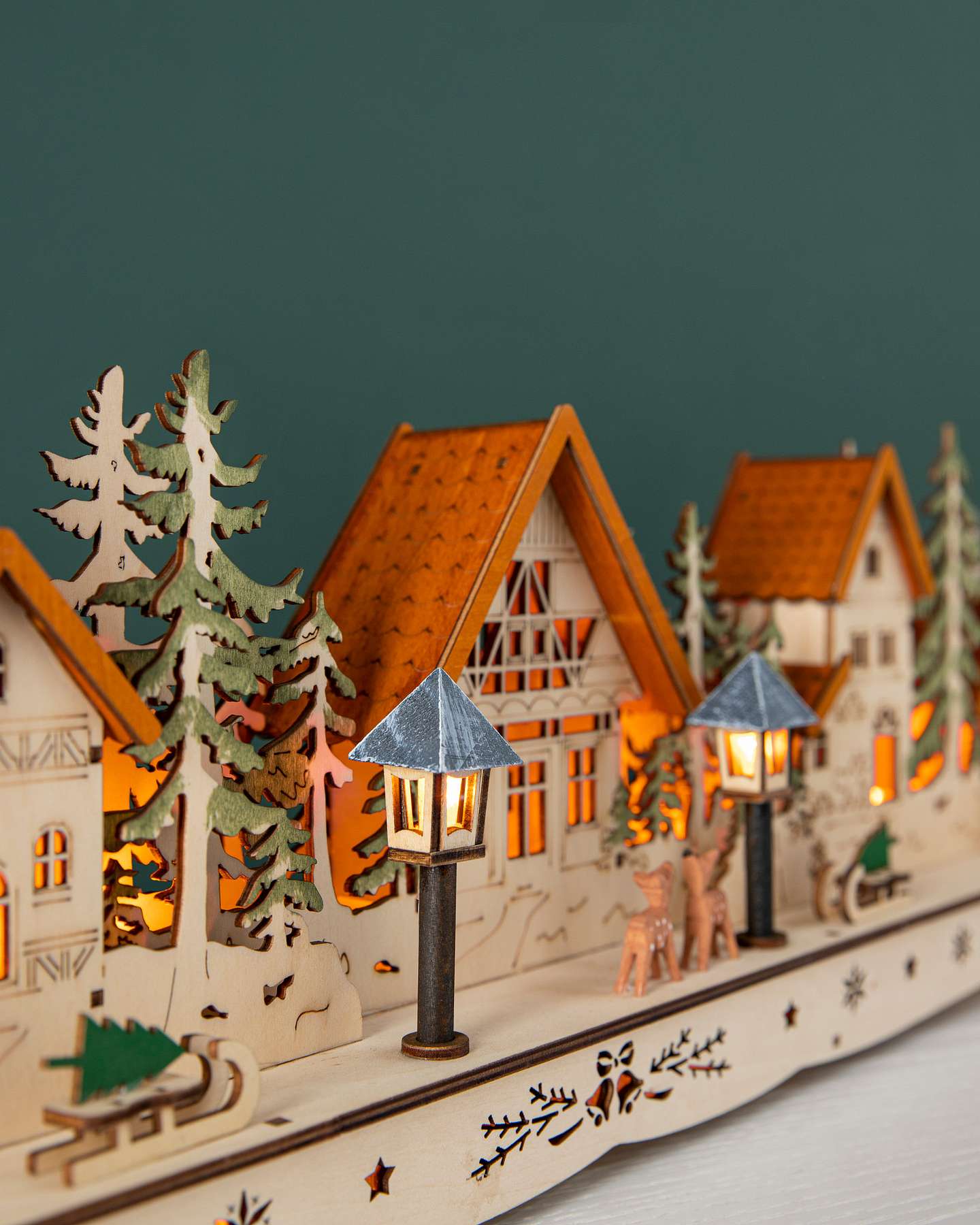 Balsam Hill Wooden Christmas Mantel Village Elegant Close Up View