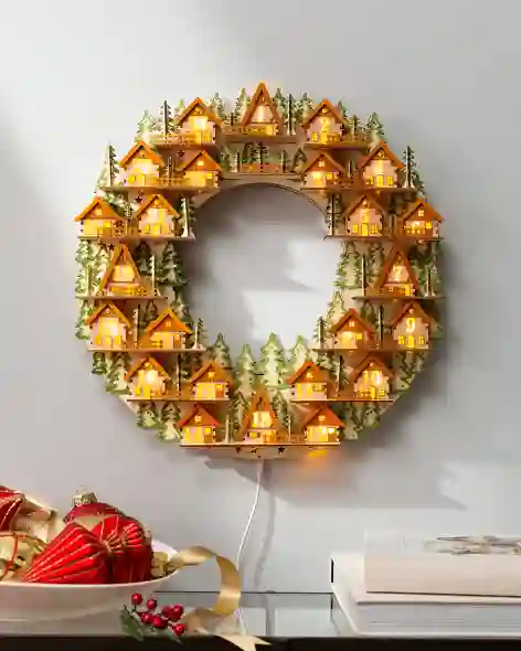 Lit Wooden Cottage Advent Wreath by Balsam Hill