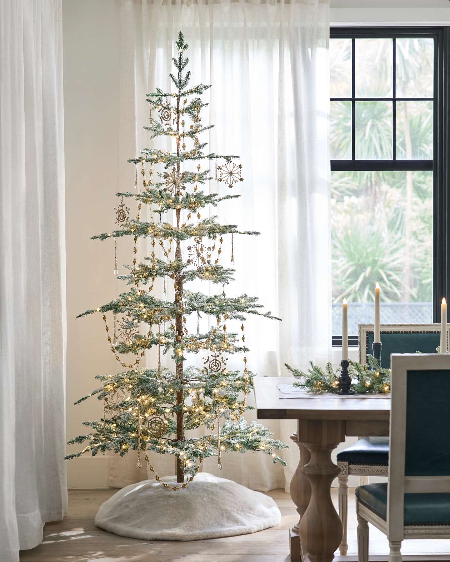 Balsam Hill Crystal and Gold Beaded Artificial Christmas Tree Garland Set of 3 Lifestyle Dining Room Display