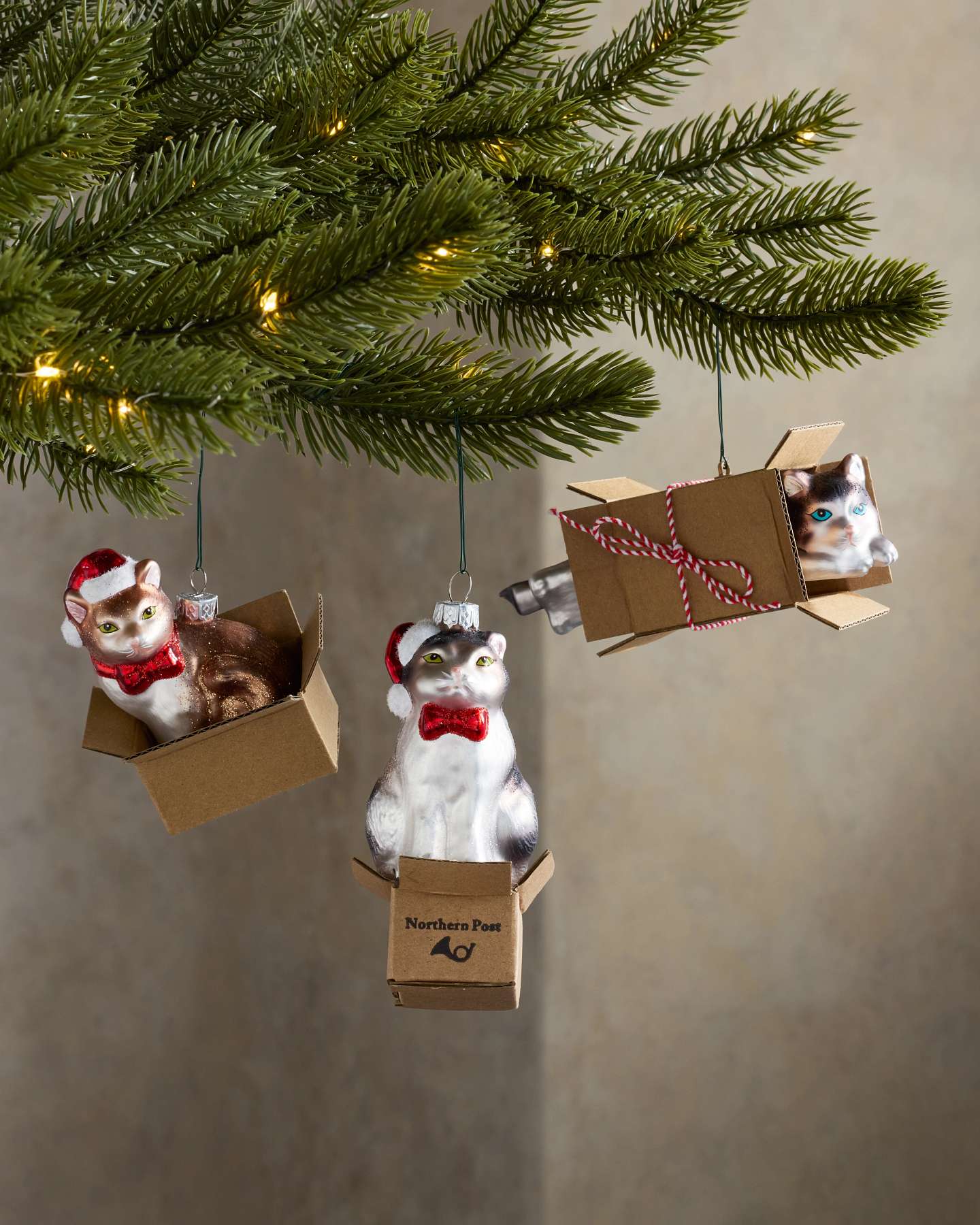 Holiday Cat-in-a-Box Glass Ornaments, Set of 4