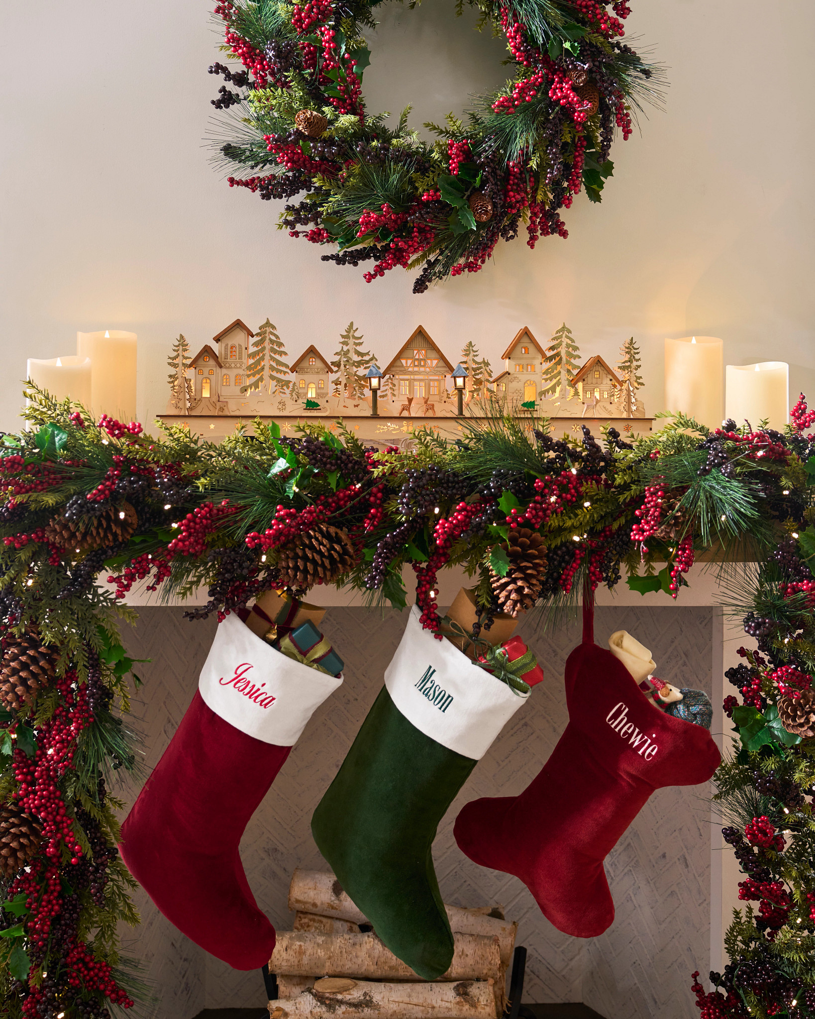 Lit Wooden Christmas Mantel Villages | Balsam Hill