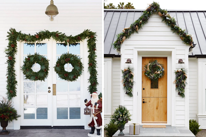 Decorated Christmas wreaths and garlands on white front porch