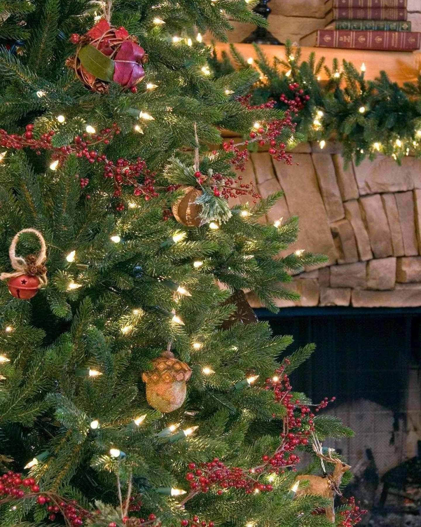 Balsam Hill Colorado Mountain Spruce Artificial Christmas Tree Lifestyle Fireplace Display