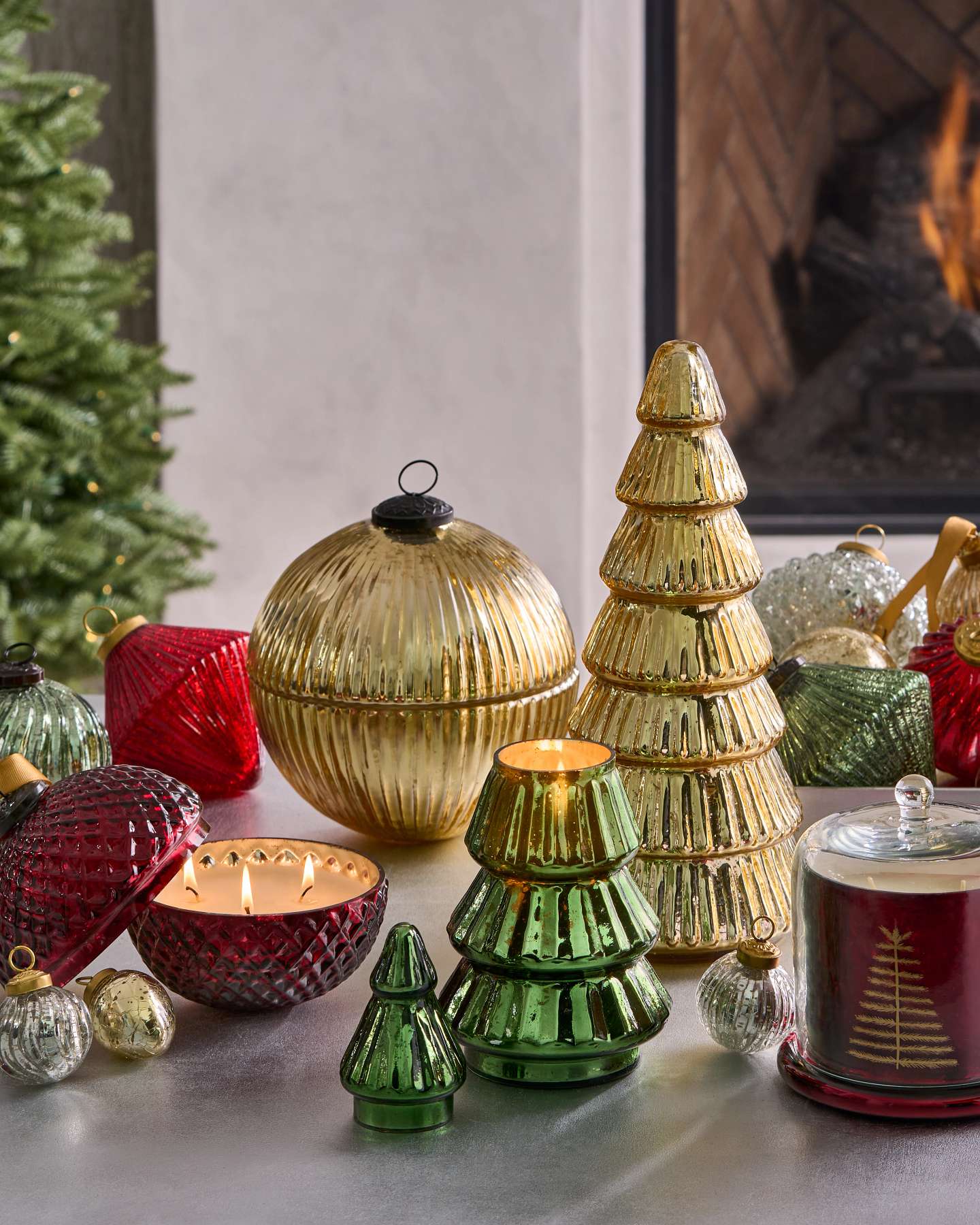 Balsam Hill Mercury Glass Tree Scented Candles Styled with Holiday Decor