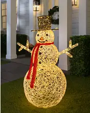 Lighted snowman Christmas decoration with a red scarf displayed on a front lawn