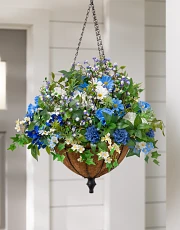 Hanging basket with blue, white, and yellow flowers
