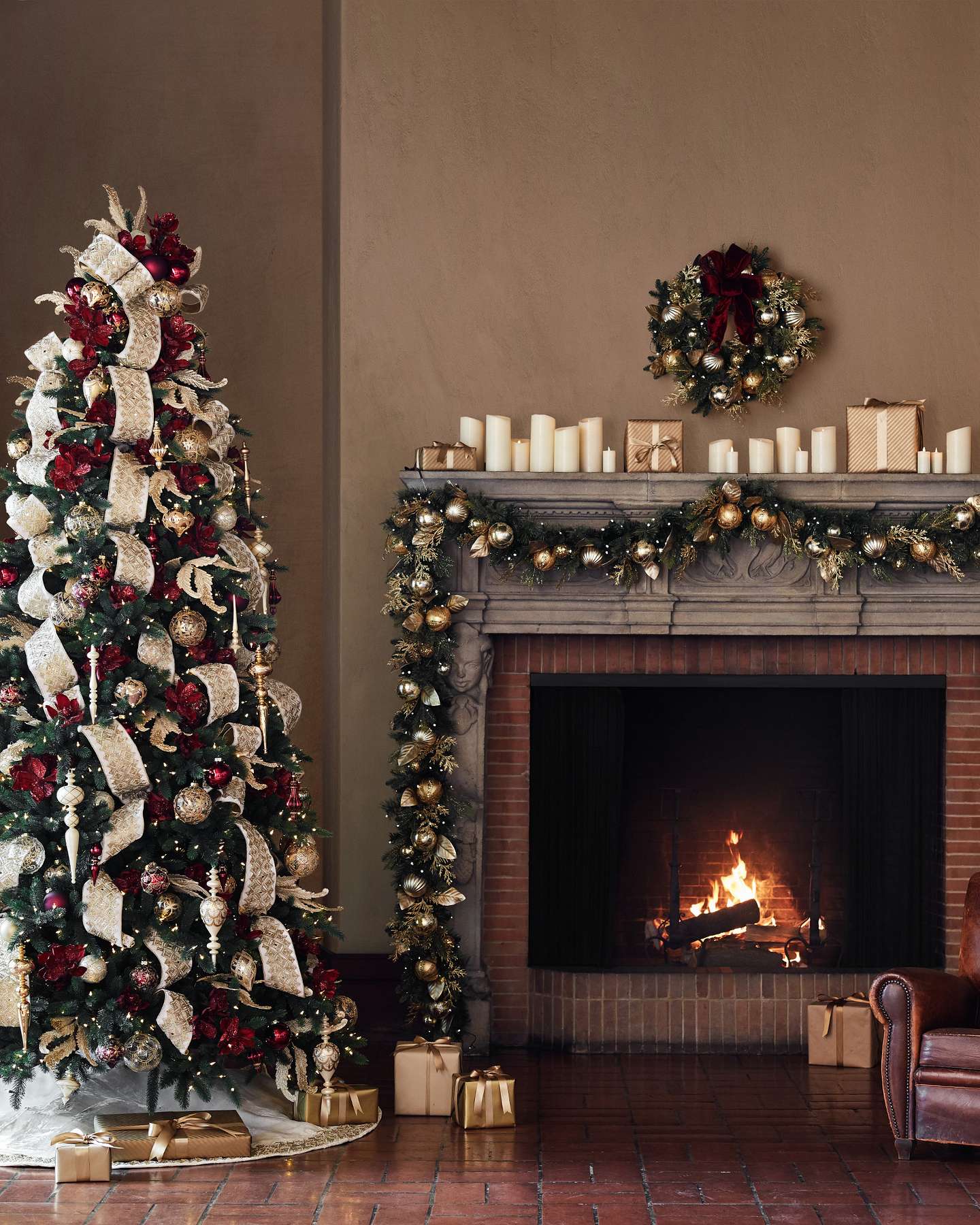 Balsam Hill Gilded Glory Artificial Christmas Foliage in Living Room Setting