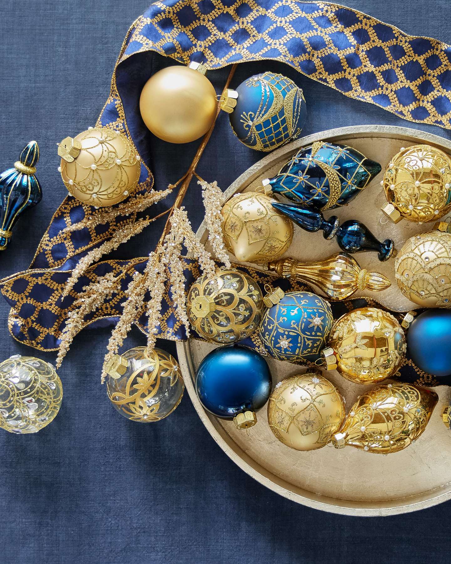 Balsam Hill Sapphire Gold Gilded Glory Artificial Christmas Ornament Set in Lifestyle Display