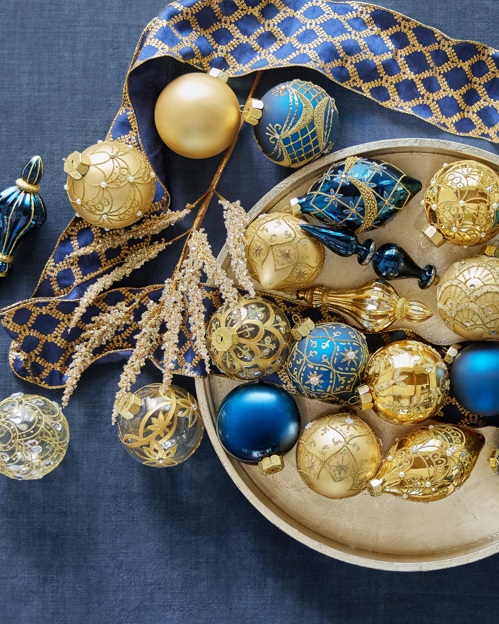 Sapphire & Gold Gilded Glory Main Glass Christmas Ornament Set
