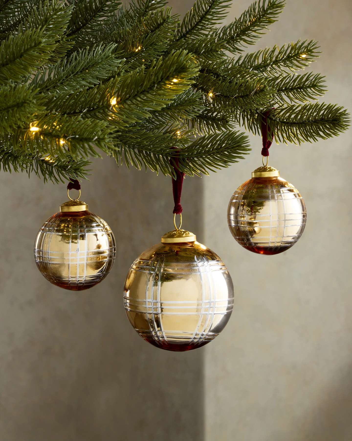 Gold Plaid Glass Ornaments, Set of 8