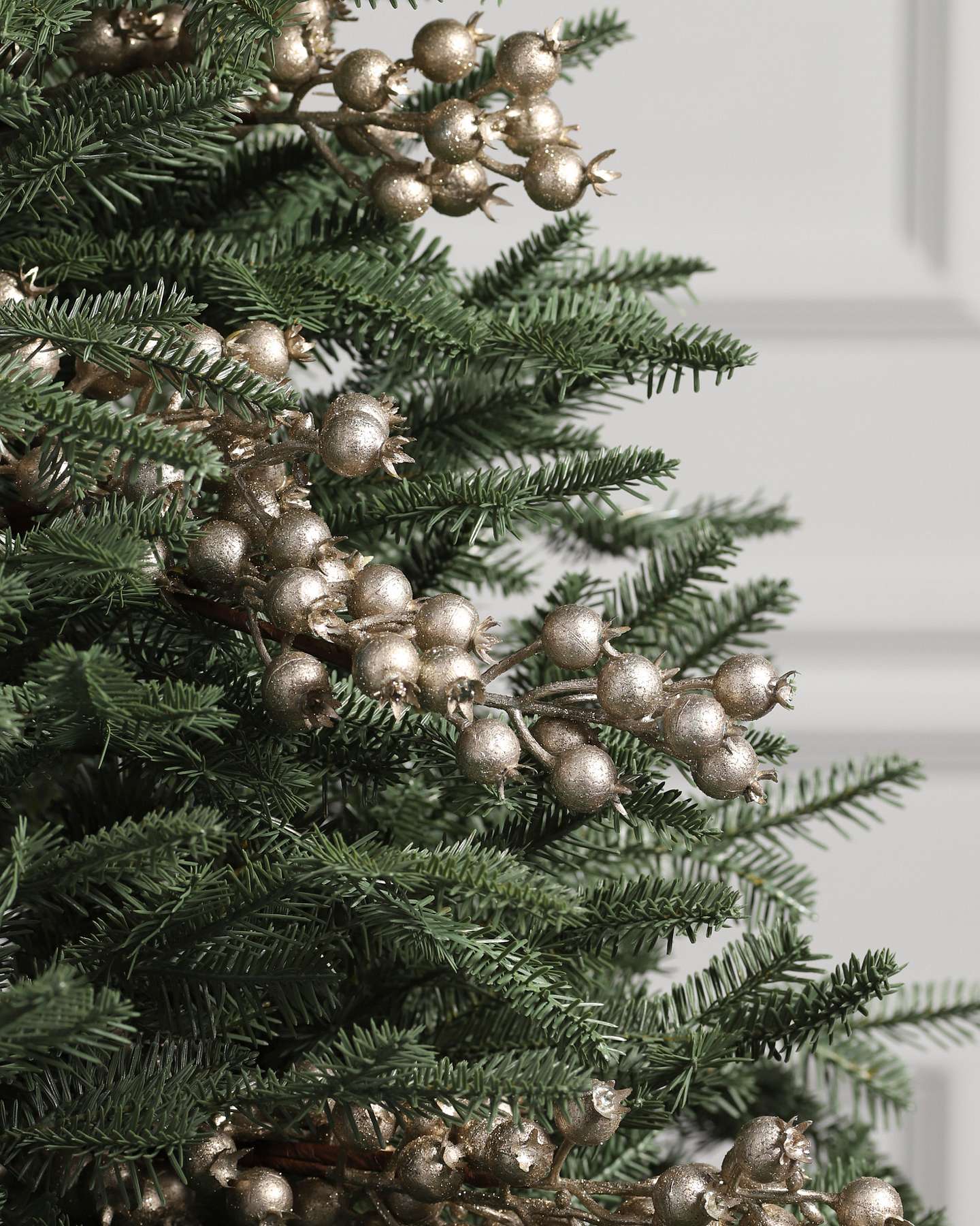 Balsam Hill Large Champagne Berry Artificial Christmas Tree Picks Set of 12 Displayed on Artificial Christmas Tree