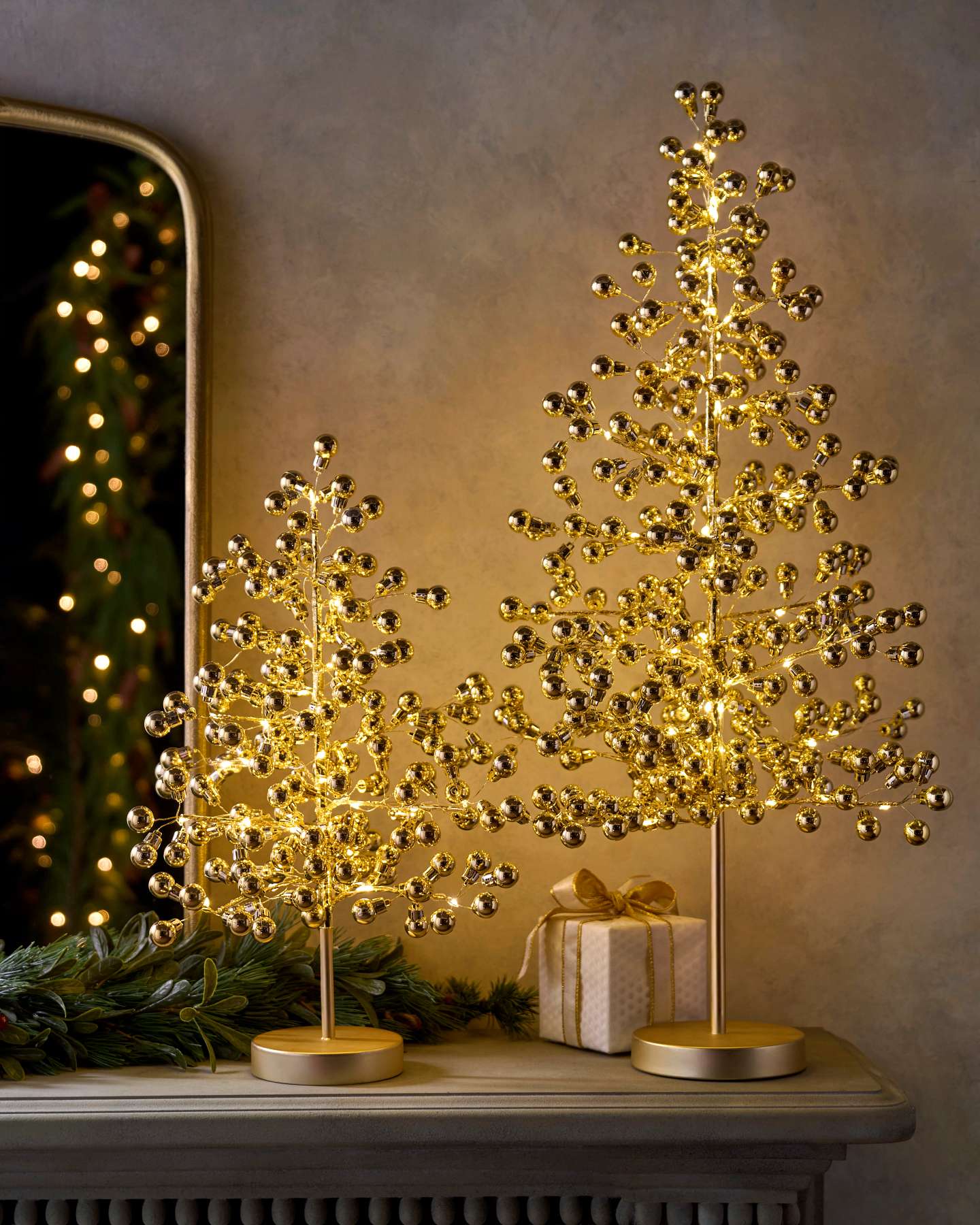 Gold Lit Mini Ornament Trees, Set of 2