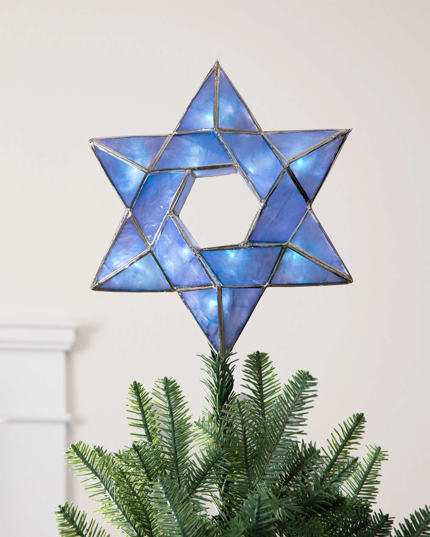 Balsam Hill 10-Inch Blue Lit Capiz Star of David Artificial Tree Topper Elegant Design