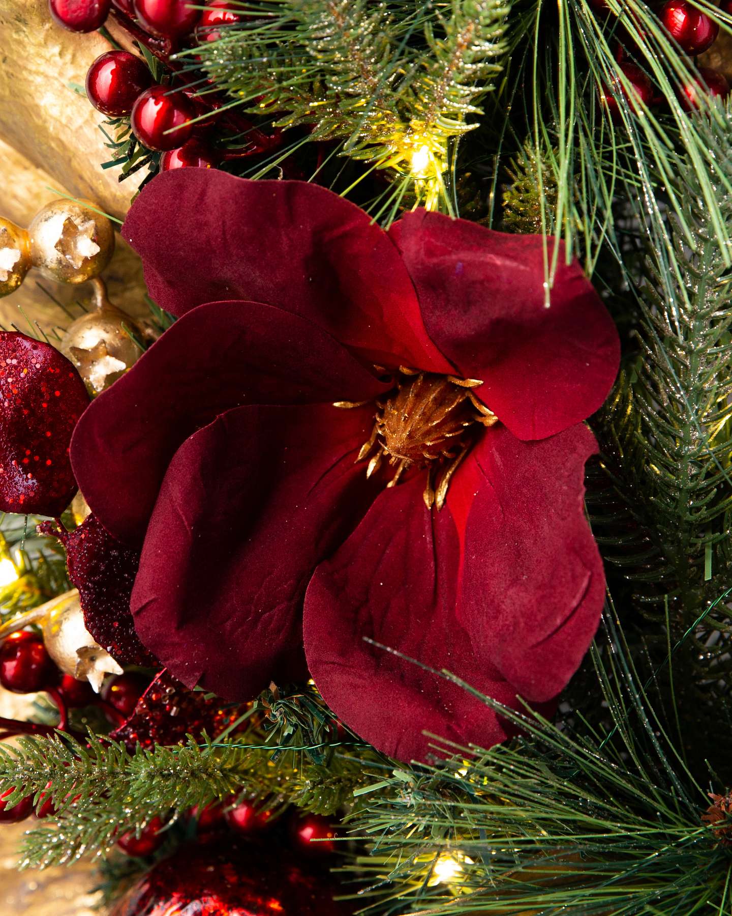 Balsam Hill Gilded Glory Magnolia Artificial Christmas Wreath Closeup with Gold Trim