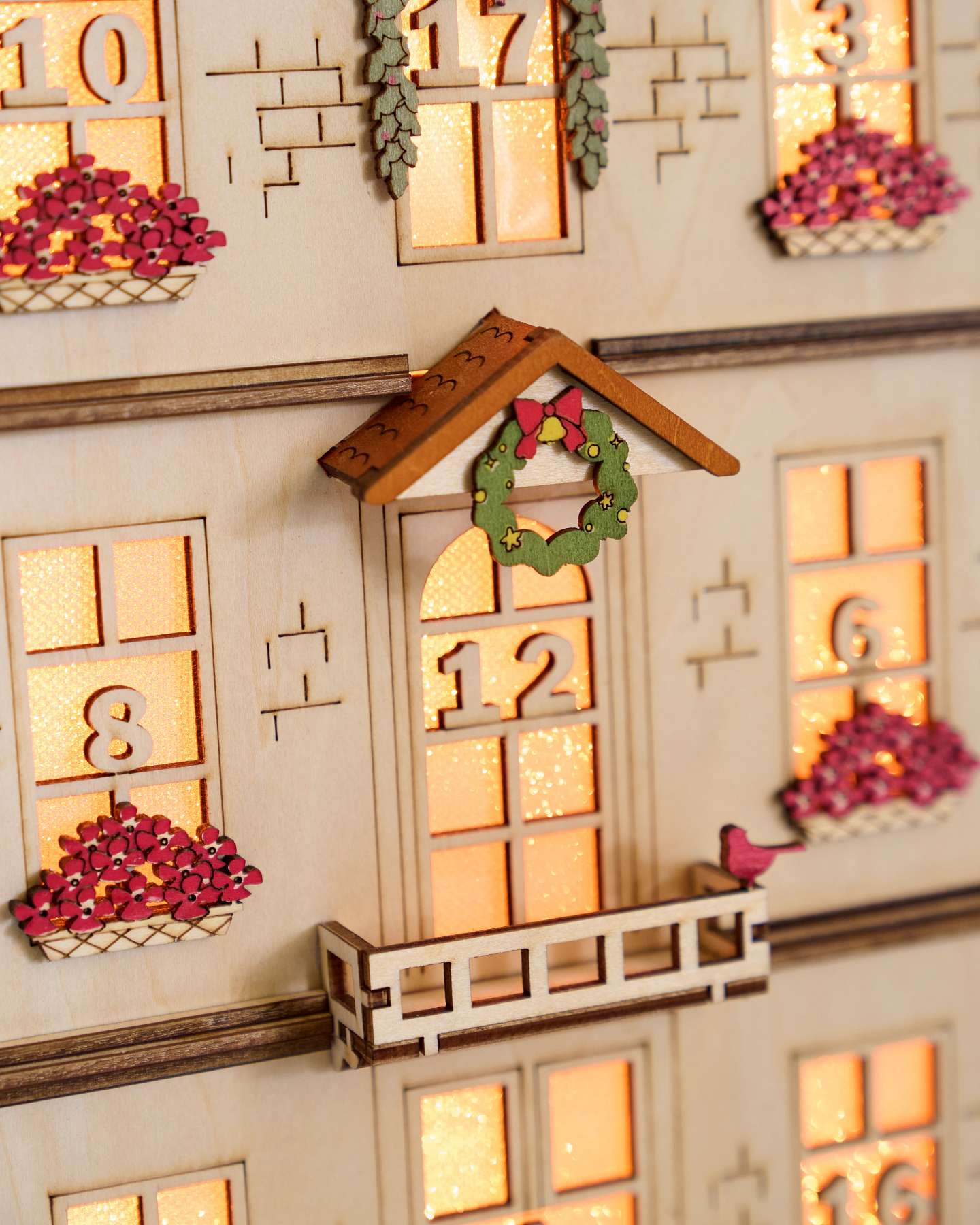 Balsam Hill Lit Wooden Olde Manor Advent Calendar Detailed View