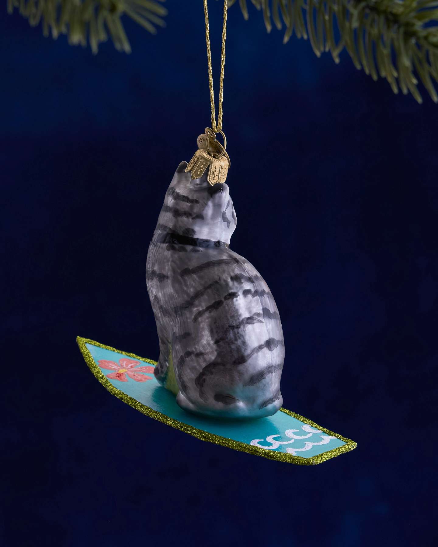 Balsam Hill Studio Surfing Gray Cat Ornament