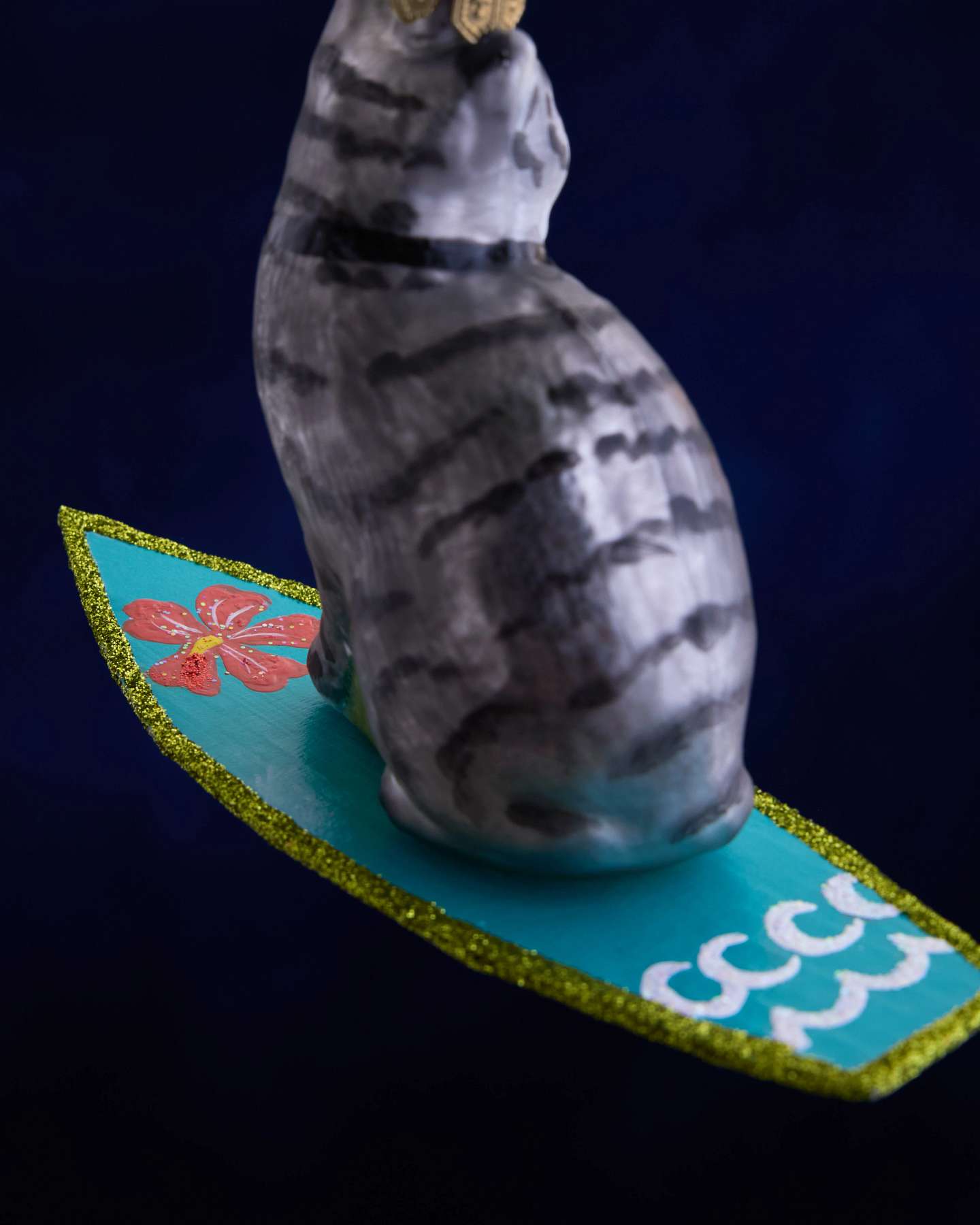 Balsam Hill Studio Surfing Gray Cat Ornament