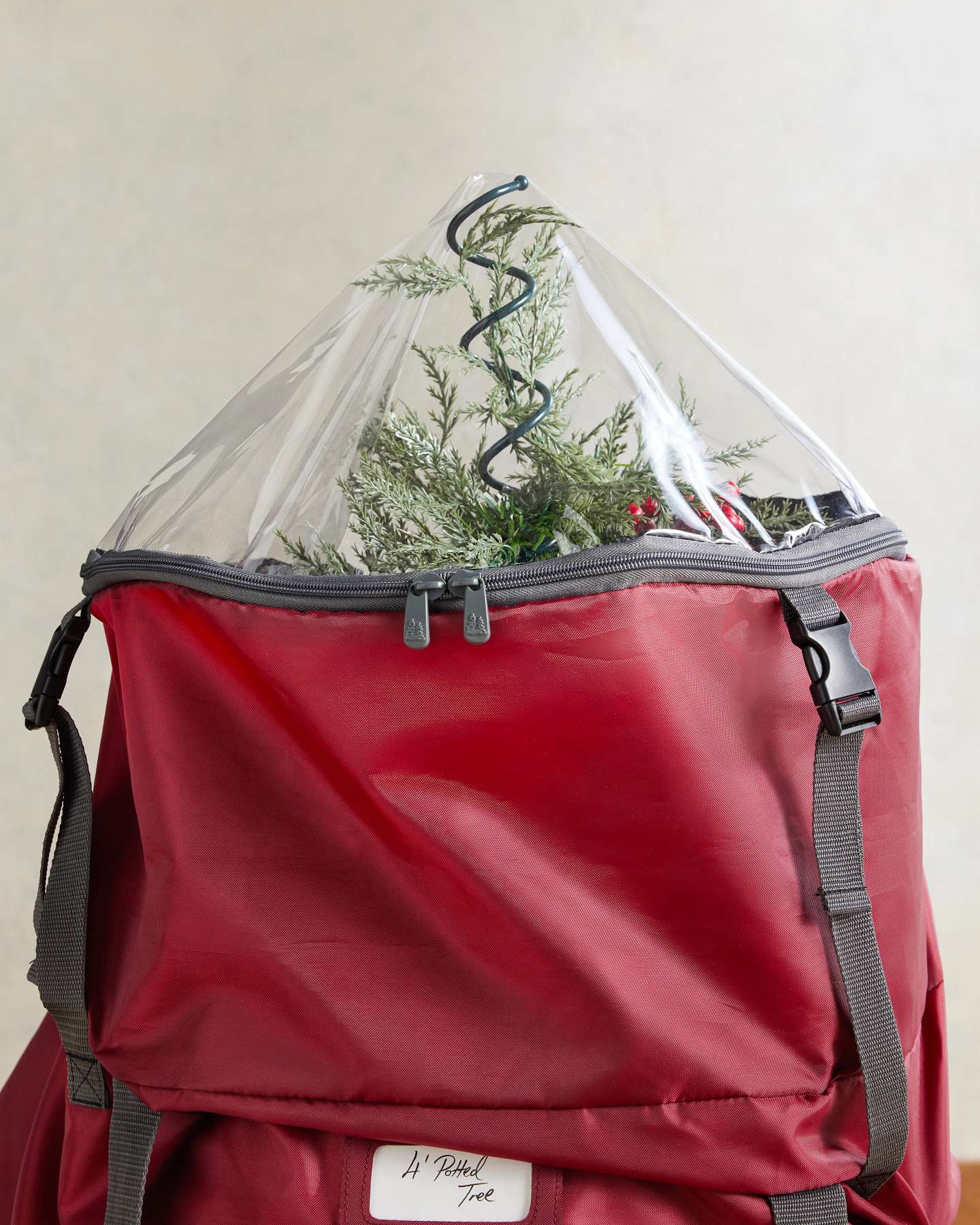 Balsam Hill Tabletop Tree Storage Bag with Tree Top Stabilizer Close-Up of Zipper