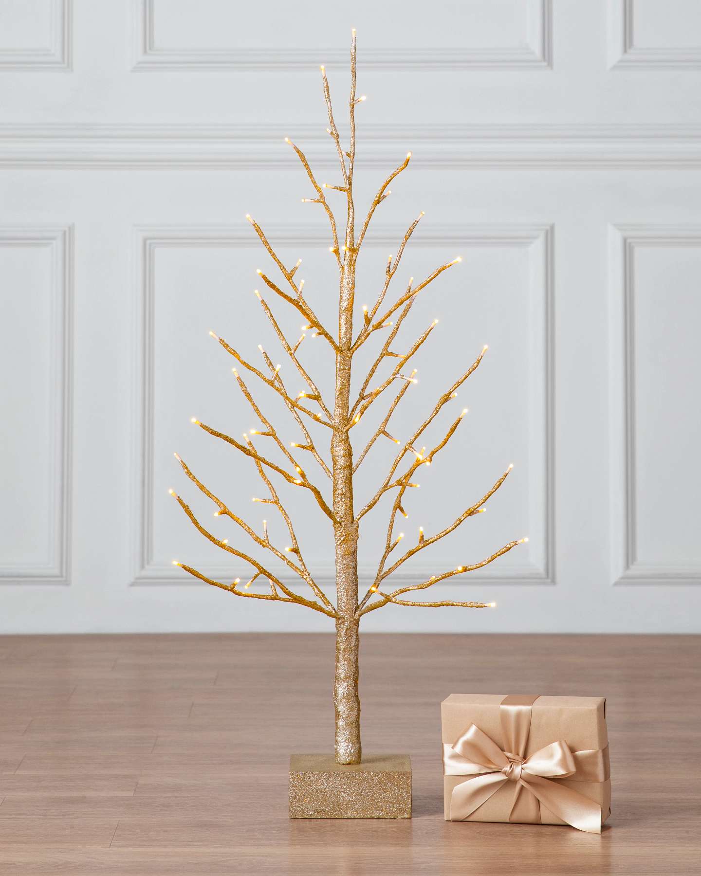 Balsam Hill 3-Foot Champagne Glitter Potted Artificial Christmas Tree with LED Lights Full Display