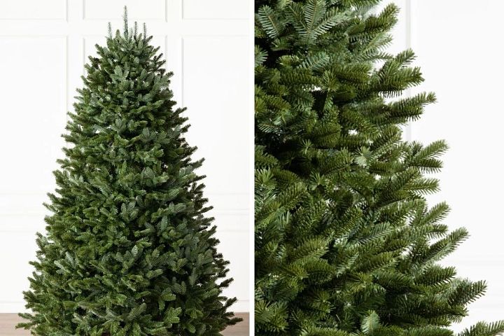 Collage of artificial fir tree showing full tree and close-up of branches