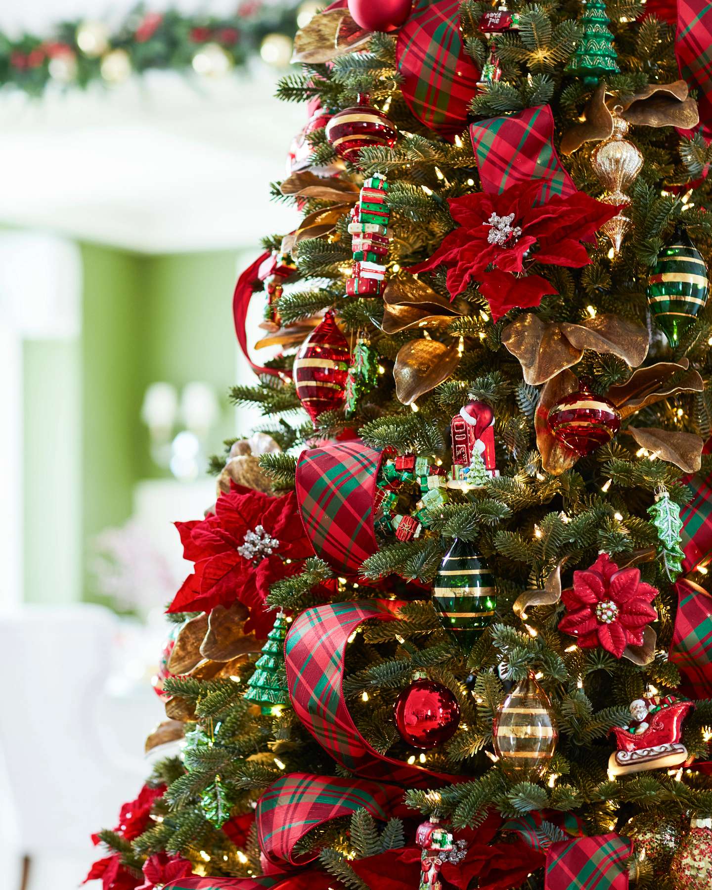 Balsam Hill Gilded Gold Glass Christmas Ornament Set Display on an Artificial Christmas Tree