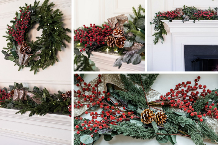 A Christmas wreath and garland decorated with classic wreath decorating supplies like red berries, pinecones, and champagne ribbon