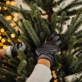 Woman wearing black cotton gloves compressing branches of artificial Christmas tree