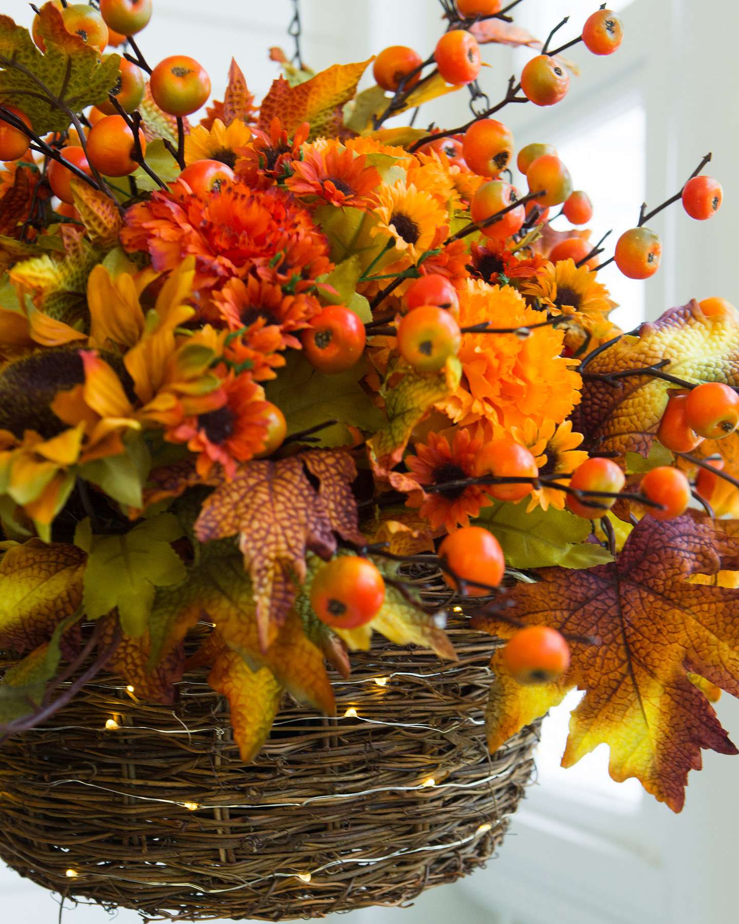 Balsam Hill Sunburst Mums Artificial Hanging Basket LED Close-Up