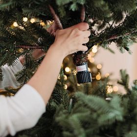Woman detaching the top section of an artificial Christmas tree