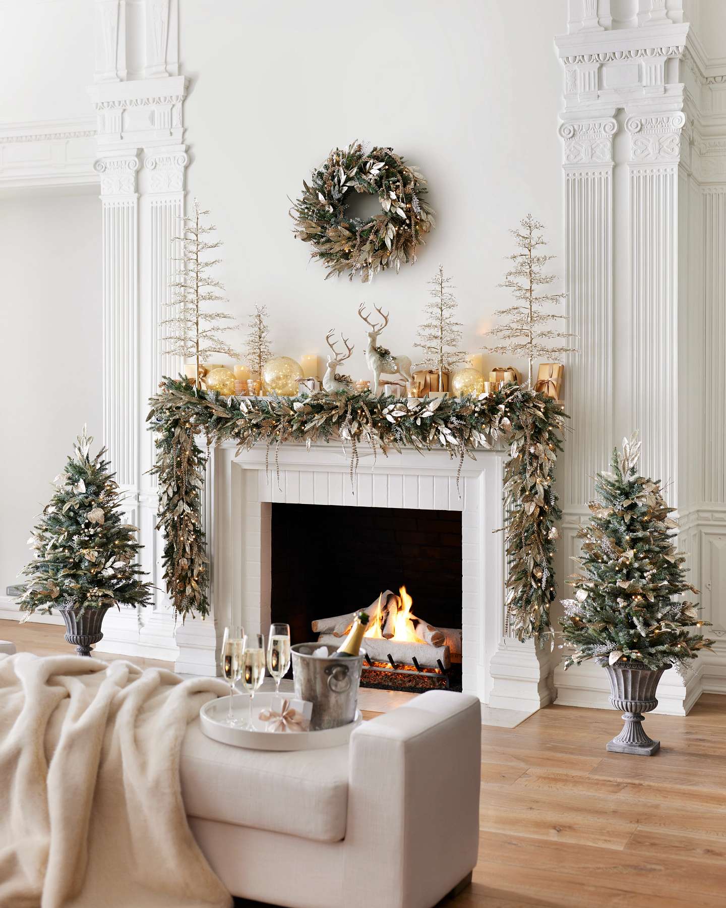 Balsam Hill Champagne and Crystal Artificial Christmas Foliage Lifestyle Fireplace Display