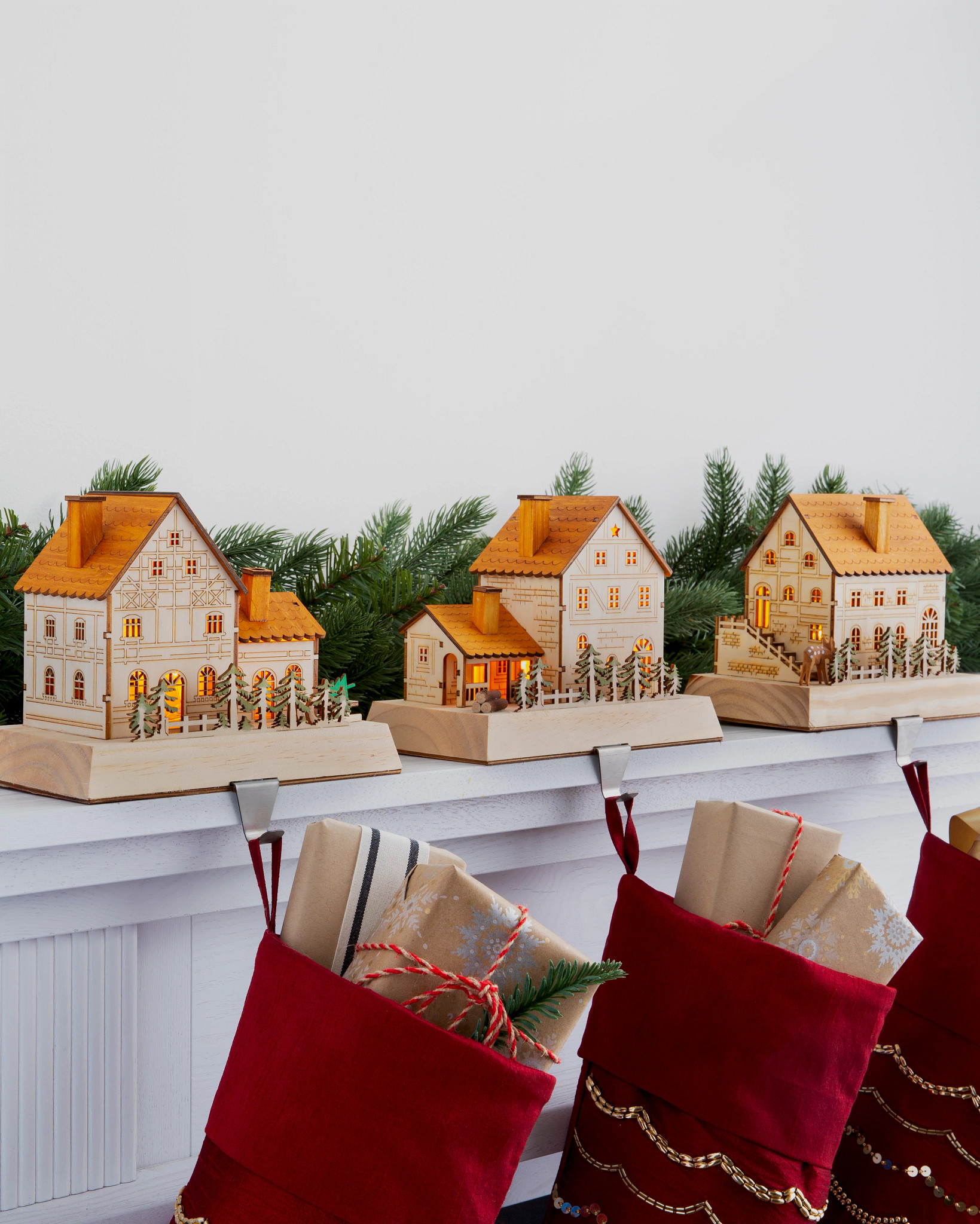 Wooden Alpine Village Christmas Stocking Holders