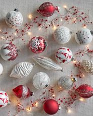 Assorted Christmas tree ornaments in red and white