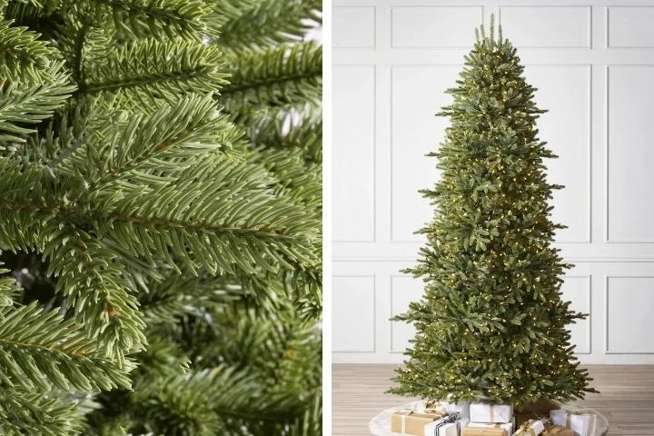A collage featuring a close-up shot and a full shot of Balsam Hill's BH Norway Spruce Most Realistic Christmas Tree