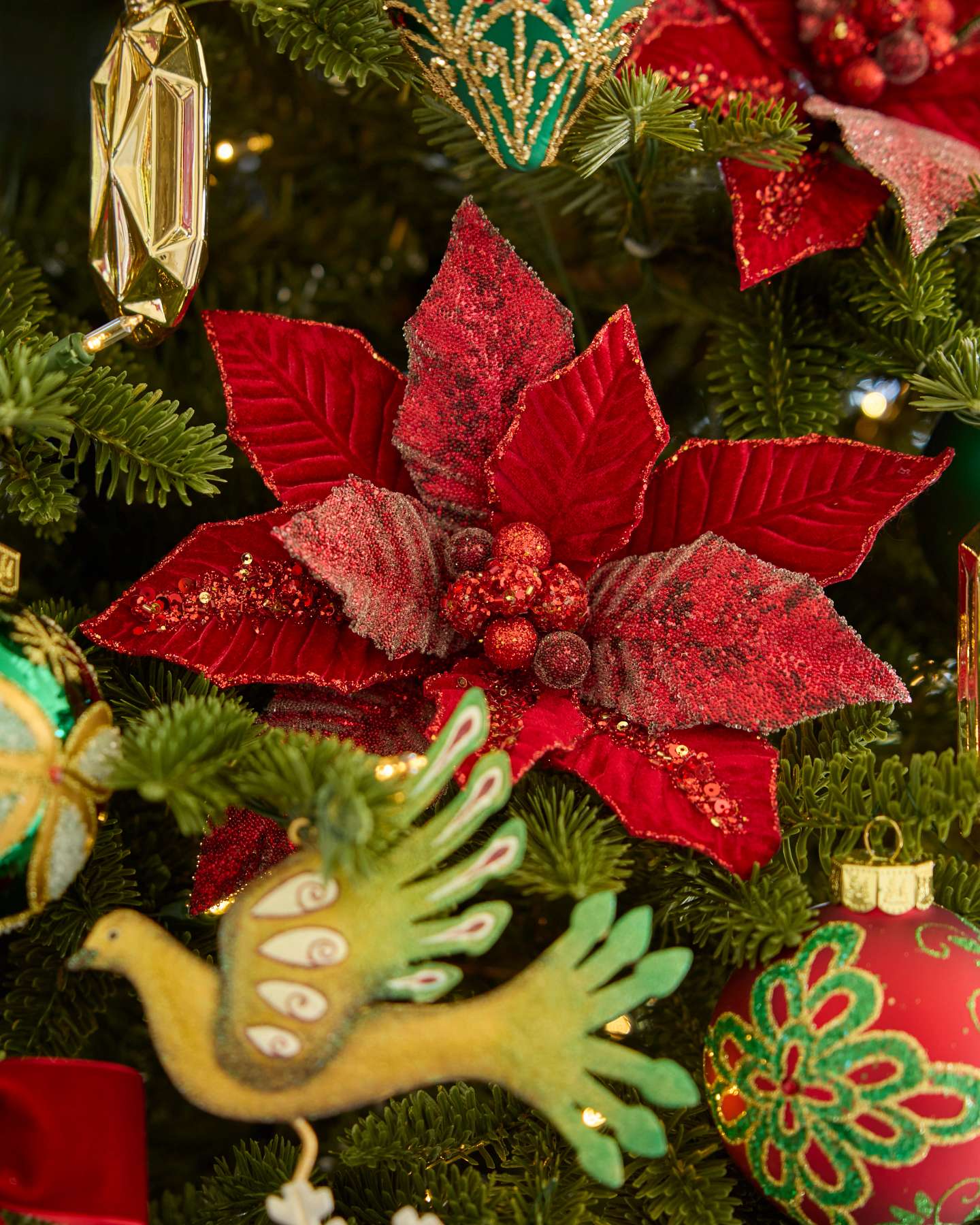 Red Glittered Beaded Velvet Poinsettia Pick Set