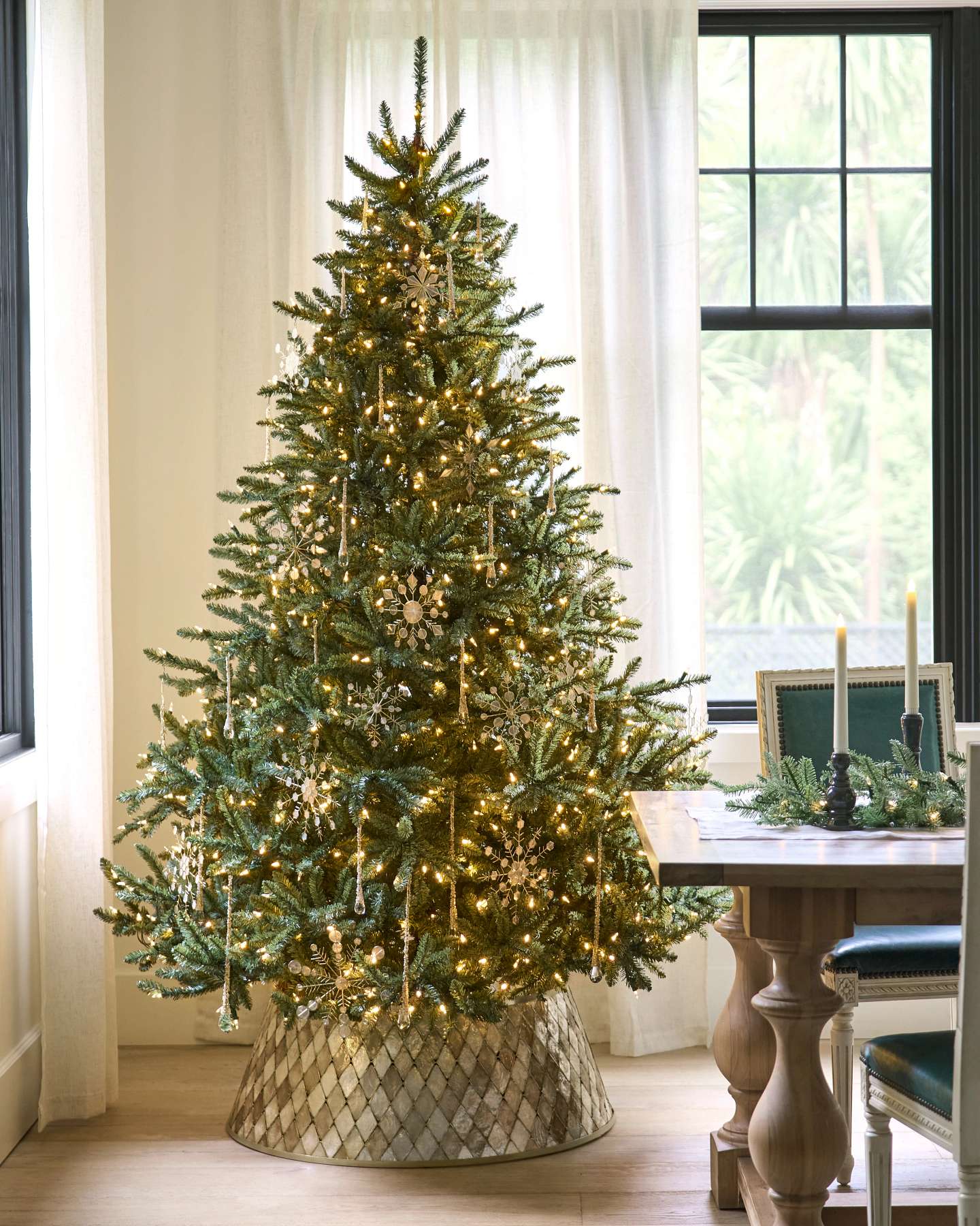 Balsam Hill Classic Blue Spruce Artificial Christmas Tree Lifestyle Display with Tree Collar