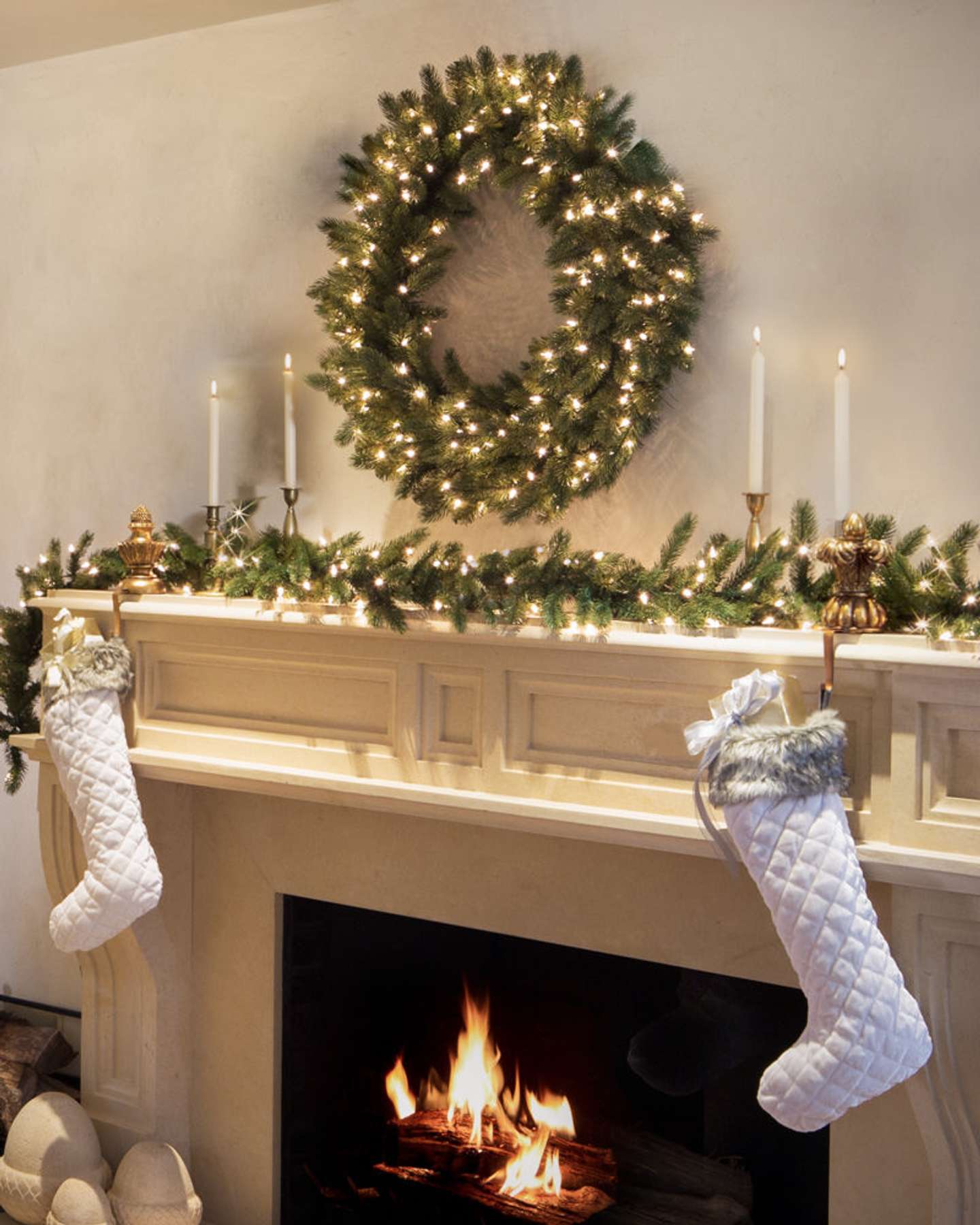 Balsam Hill Vermont White Spruce Artificial Christmas Wreath and Garland LED Clear on Fireplace Mantel