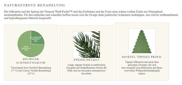 Screenshot der Produktseite eines künstlichen Weihnachtsbaums mit detaillierten Angaben zum Nadelkleid